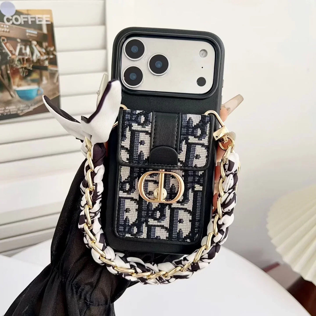 Dior iPhone 18 Pro Case with Wallet & 3 Straps – Black Luxury Crossbody Dior Phone Case