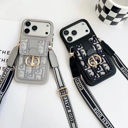 Dior iPhone 18 Pro Case with Wallet & 3 Straps – Black Luxury Crossbody Dior Phone Case