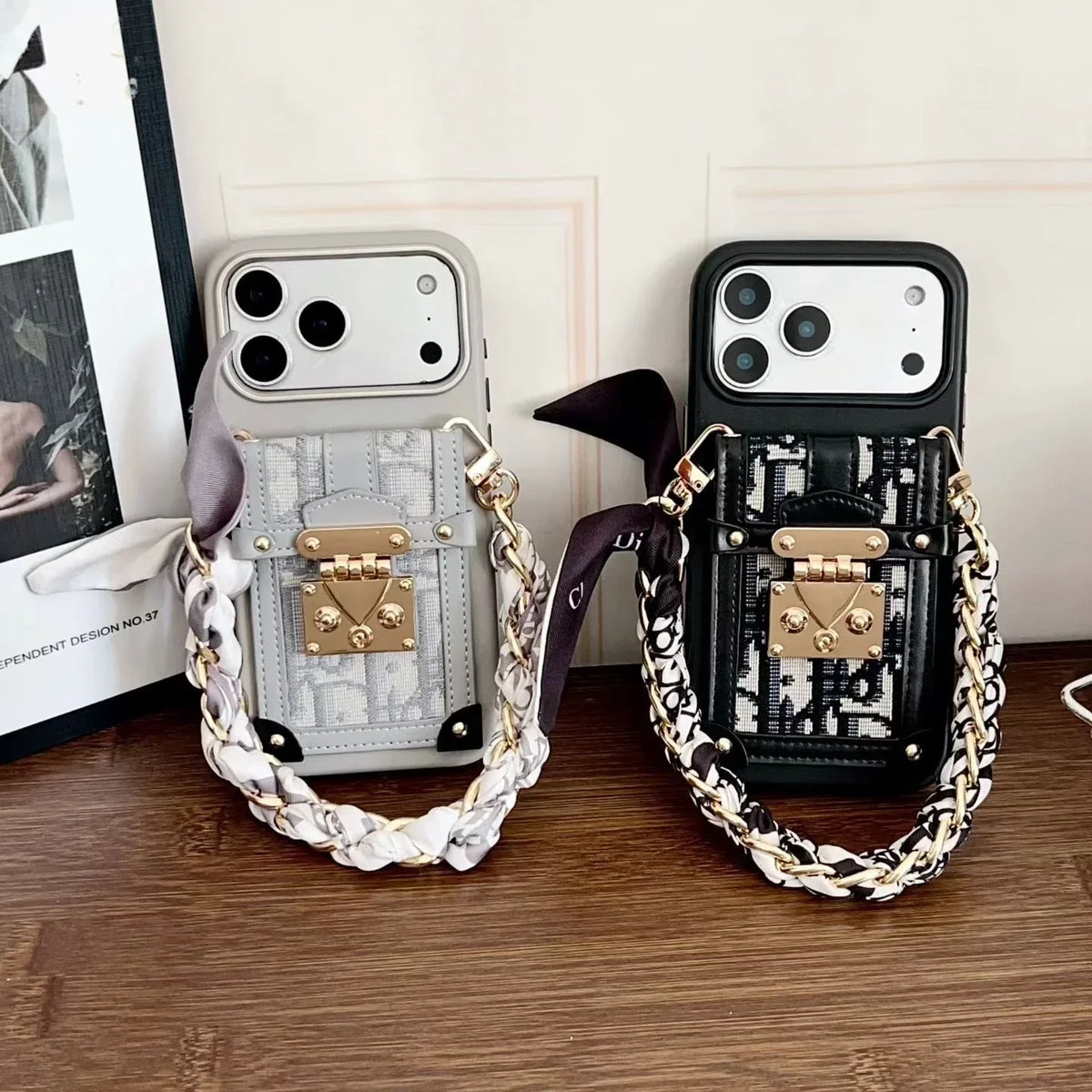Dior iPhone 18 Pro Max Case with Wallet & 3 Straps – Gray Luxury Crossbody Dior Phone Case