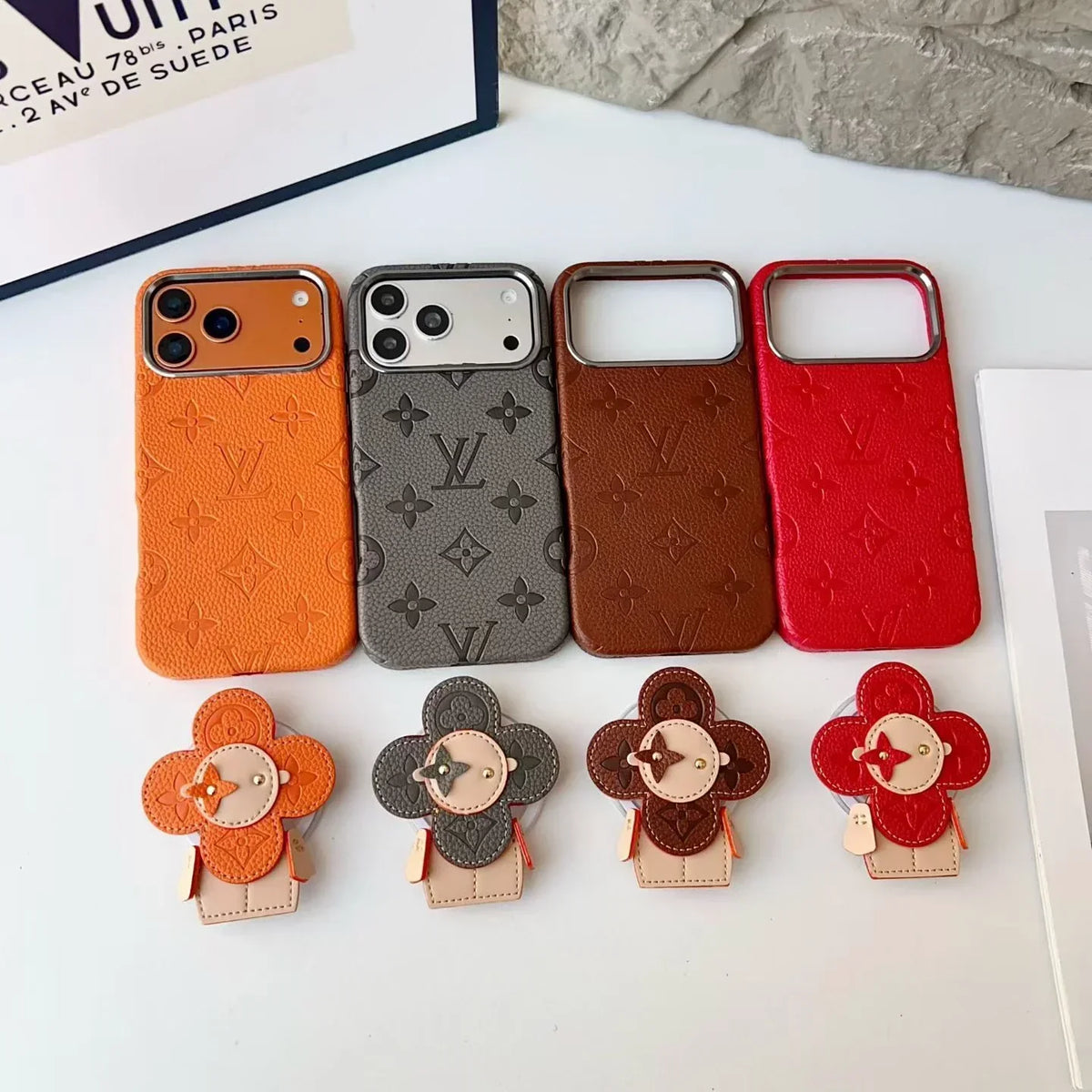 Louis Vuitton iPhone 18 Pro Case MagSafe Leather with Flower Grip – Brown