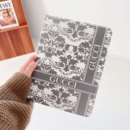 Grey Gucci iPad case with floral pattern luxury tablet cover