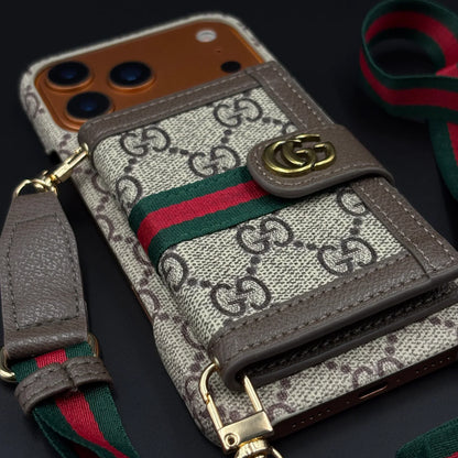 GG Monogram Gucci iPhone 18 Pro Case with Card Holder & Detachable Strap – Luxury Gucci Phone Case