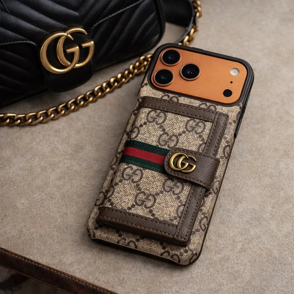 GG Monogram Gucci iPhone 18 Pro Case with Card Holder & Detachable Strap – Luxury Gucci Phone Case