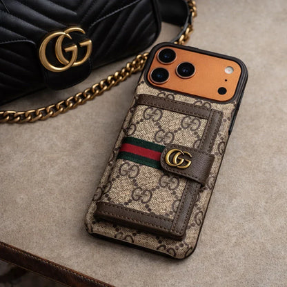 GG Monogram Gucci iPhone 18 Pro Case with Card Holder & Detachable Strap – Luxury Gucci Phone Case