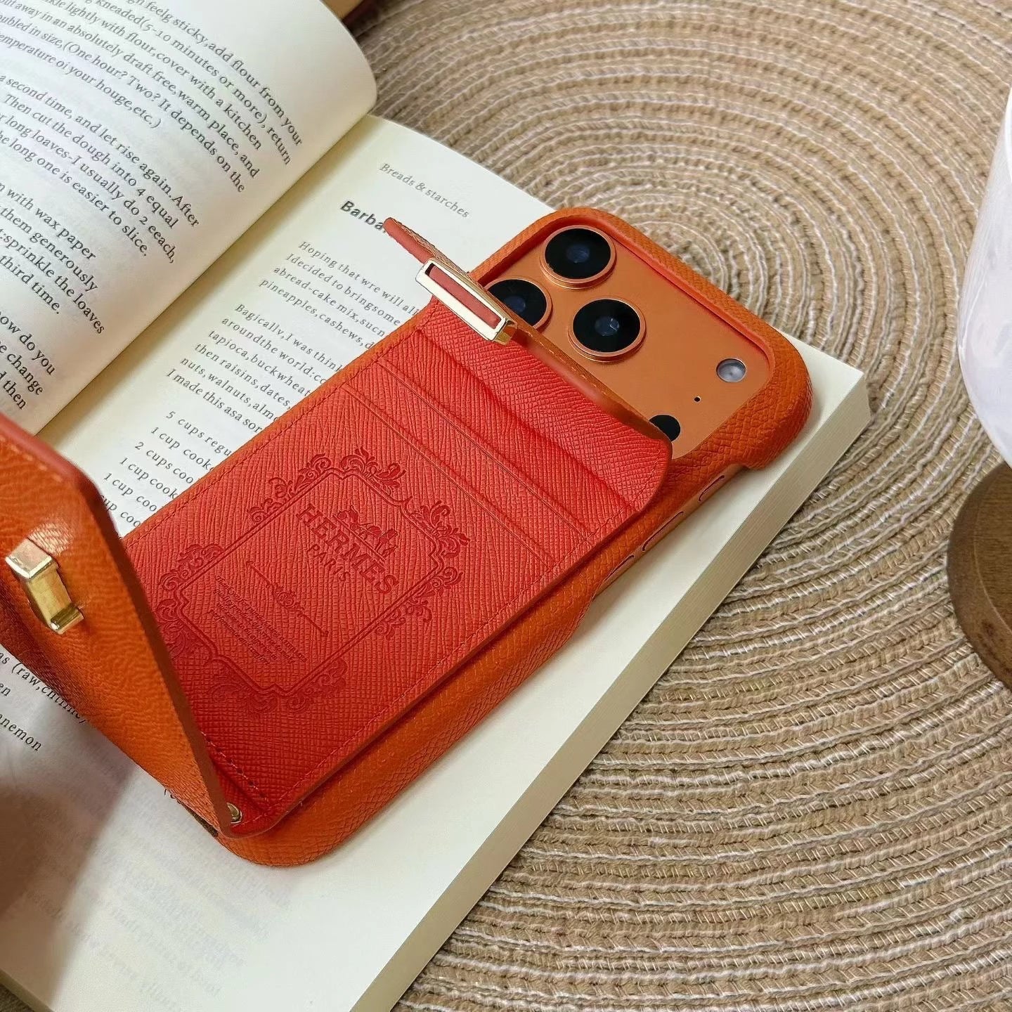 Hermès iPhone 17 Pro Max Case – Orange Leather Card Holder Luxury