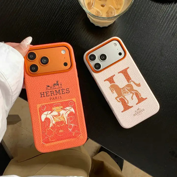 Hermes luxury leather iPhone 17 Pro Max case orange and white designer phone cover