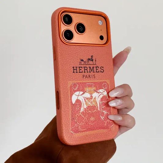 Hermes orange leather iPhone case horse logo luxury designer cover