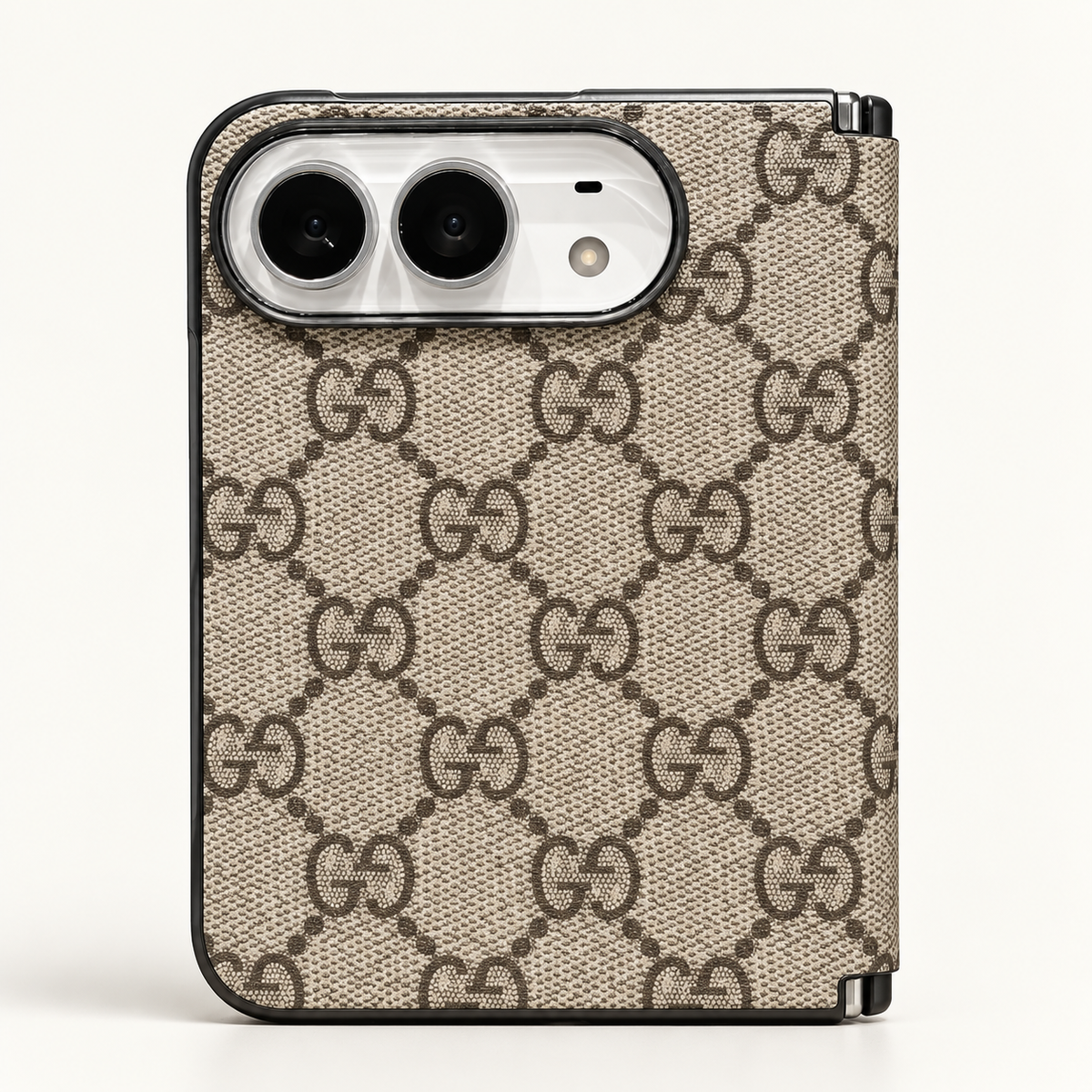 Gucci Beige & Brown GG iPhone Duo case, rear view showing the patterned exterior and camera opening.