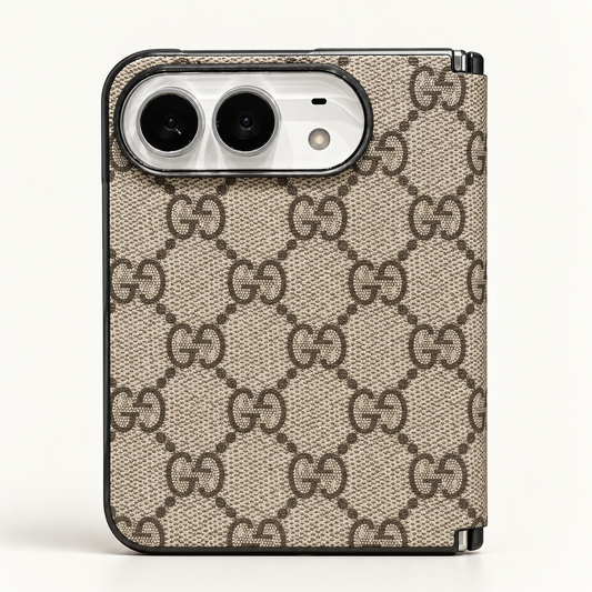 Gucci Beige & Brown GG iPhone Duo case, rear view showing the patterned exterior and camera opening.