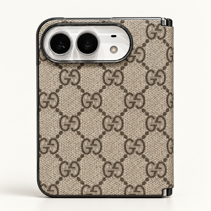 Gucci Beige & Brown GG iPhone Duo case, rear view showing the patterned exterior and camera opening.