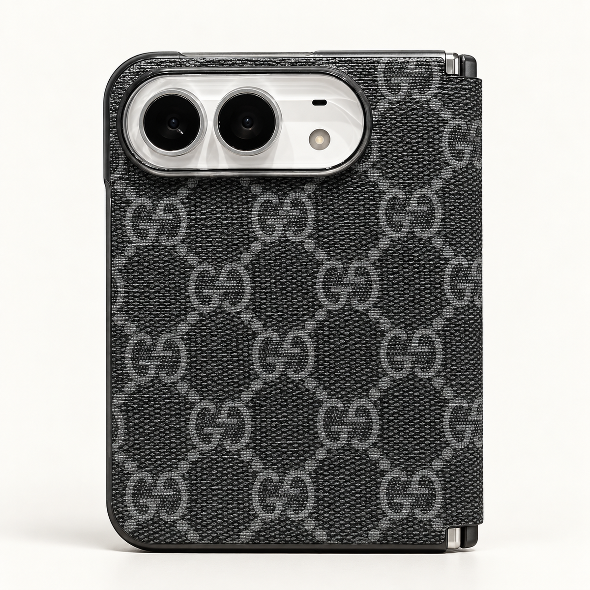 Gucci Black & Gray GG iPhone Duo case, rear view showing the patterned exterior and camera opening.