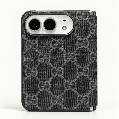 Gucci Black & Gray GG iPhone Duo case, rear view showing the patterned exterior and camera opening.