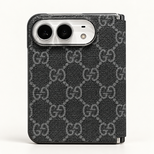 Gucci Black & Gray GG iPhone Duo case, rear view showing the patterned exterior and camera opening.