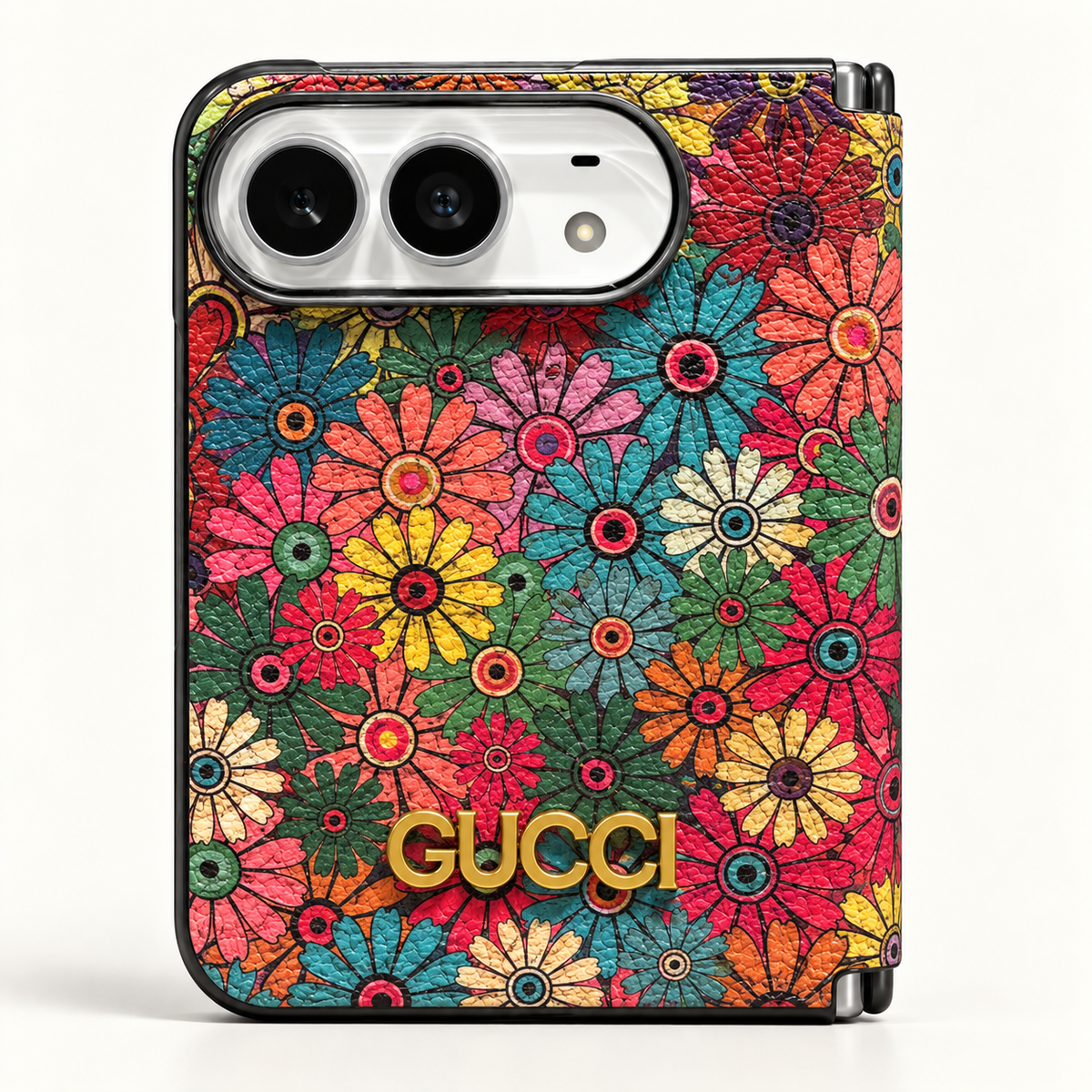 Gucci Multicolor Floral iPhone Duo case, rear view showing the patterned exterior and camera opening.