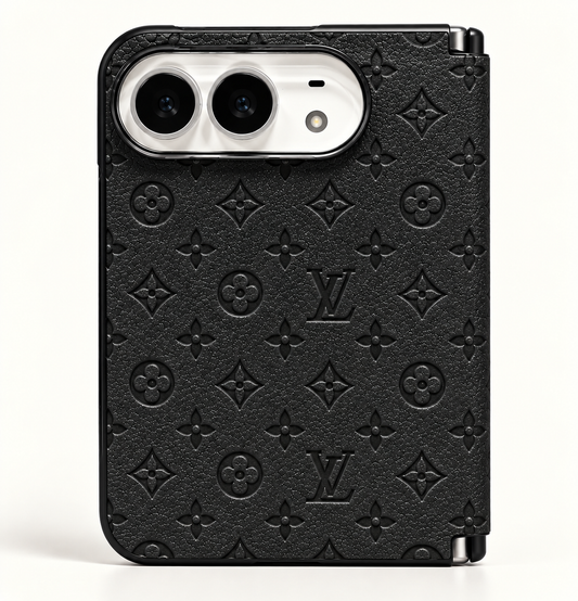 Louis Vuitton Black Embossed iPhone Duo case, rear view showing the patterned exterior and camera opening.