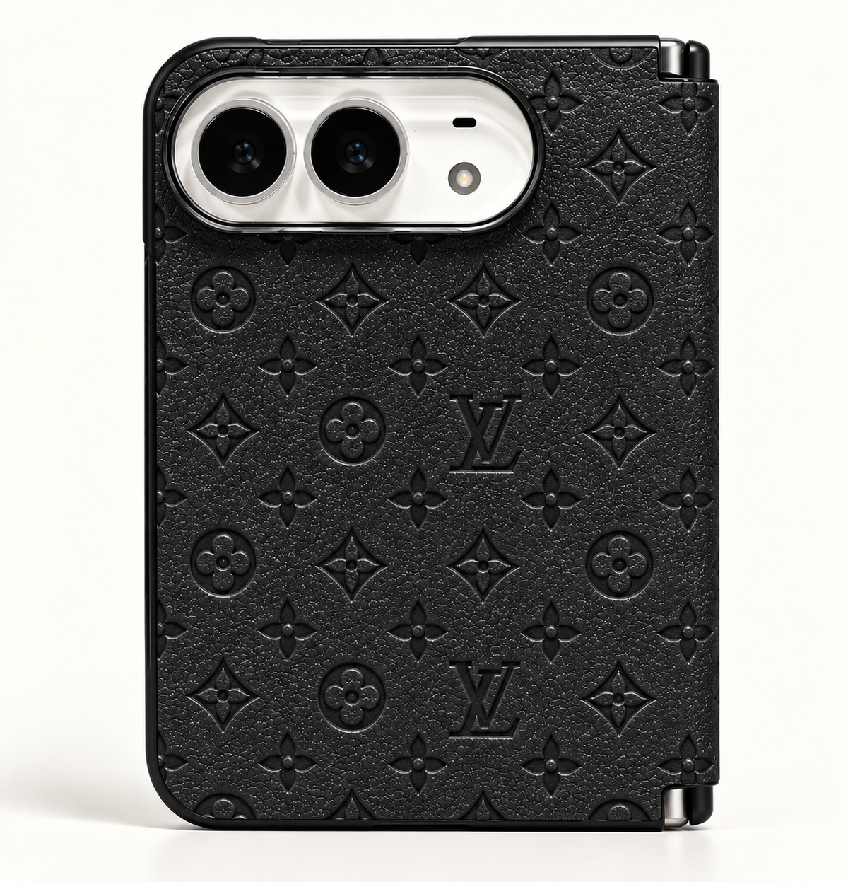 Louis Vuitton Black Embossed iPhone Duo case, rear view showing the patterned exterior and camera opening.