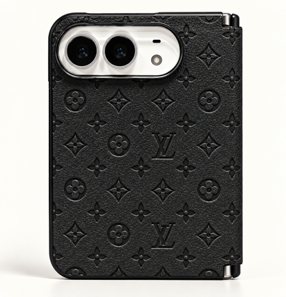 Louis Vuitton Black Embossed iPhone Duo case, rear view showing the patterned exterior and camera opening.