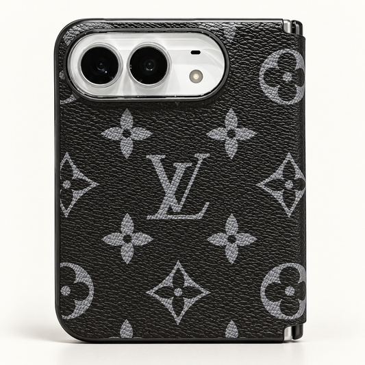 Louis Vuitton Black & Gray Monogram iPhone Duo case, rear view showing the patterned exterior and camera opening.