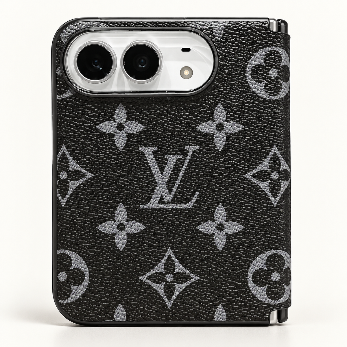 Louis Vuitton Black & Gray Monogram iPhone Duo case, rear view showing the patterned exterior and camera opening.