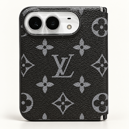 Louis Vuitton Black & Gray Monogram iPhone Duo case, rear view showing the patterned exterior and camera opening.