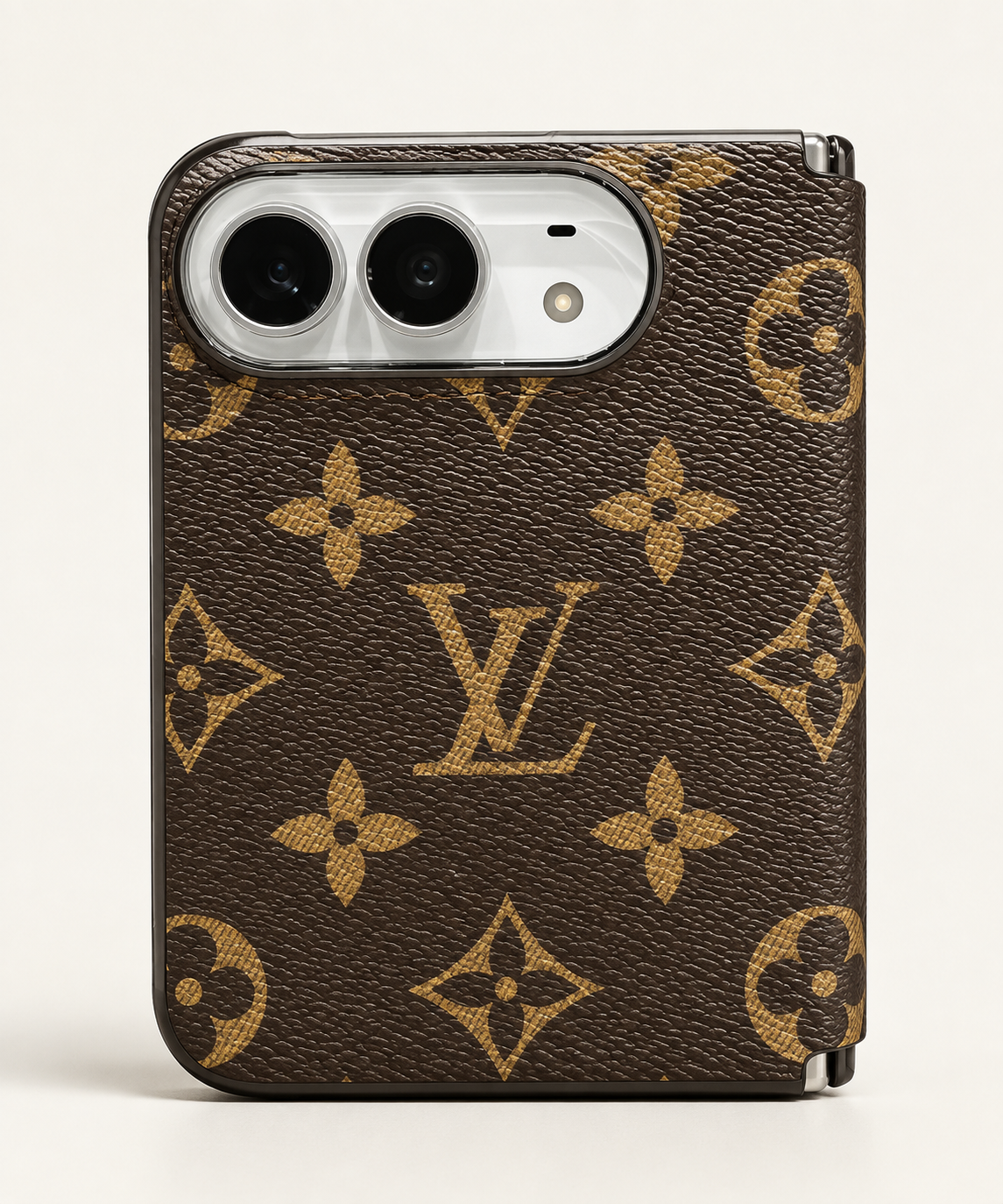 Louis Vuitton brown monogram iPhone Duo case, rear view showing camera opening.