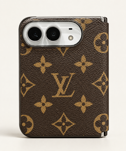 Louis Vuitton brown monogram iPhone Duo case, rear view showing camera opening.