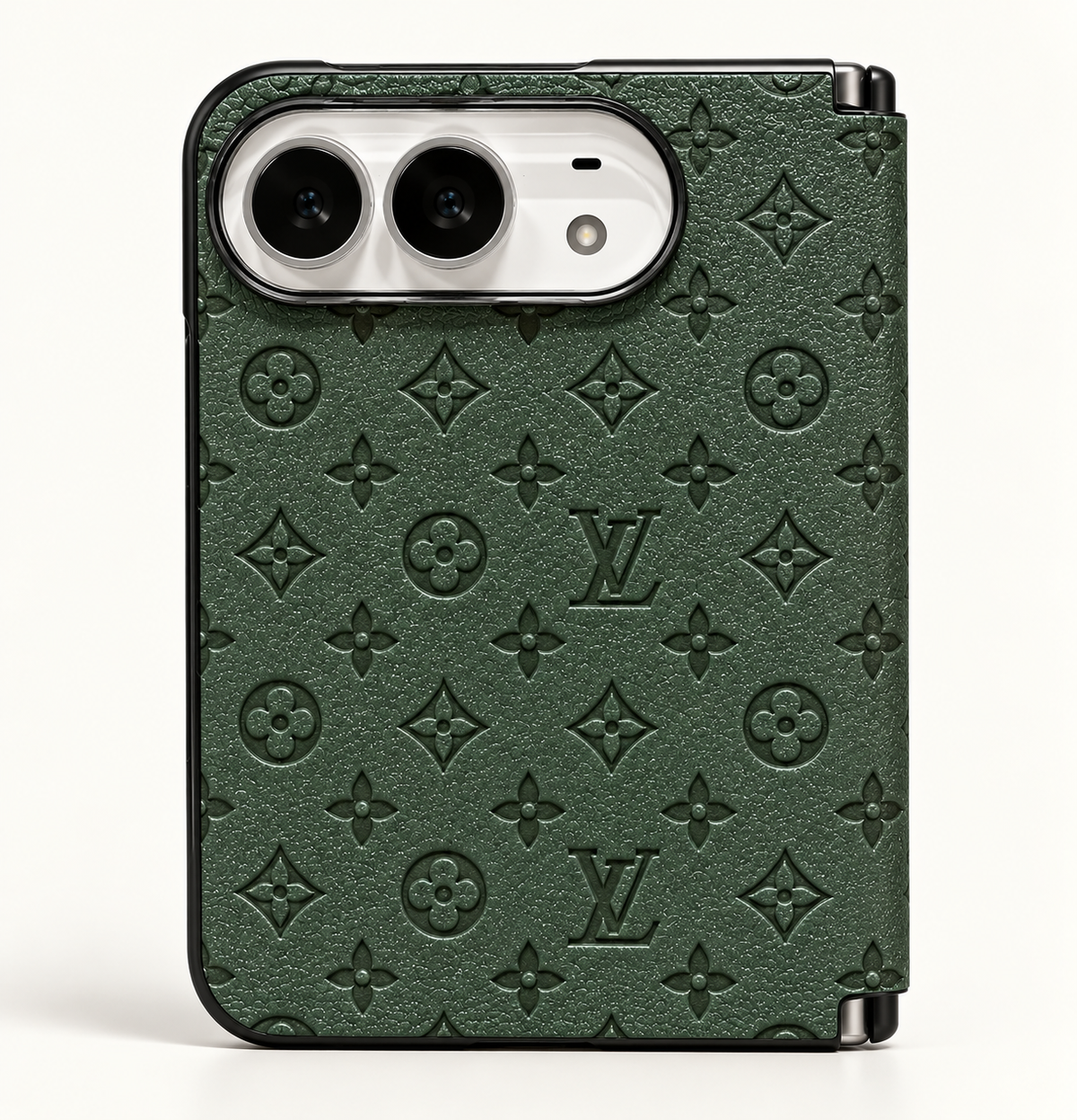 Louis Vuitton Forest Green Embossed iPhone Duo case, rear view showing the patterned exterior and camera opening.