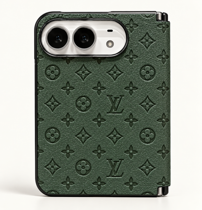 Louis Vuitton Forest Green Embossed iPhone Duo case, rear view showing the patterned exterior and camera opening.