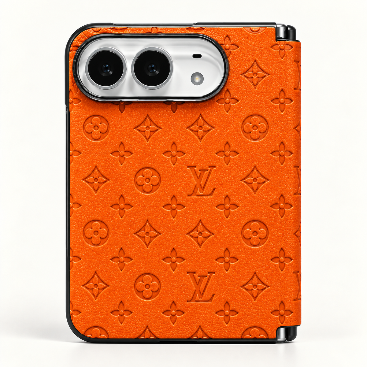 Louis Vuitton Orange Embossed iPhone Duo case, rear view showing the patterned exterior and camera opening.