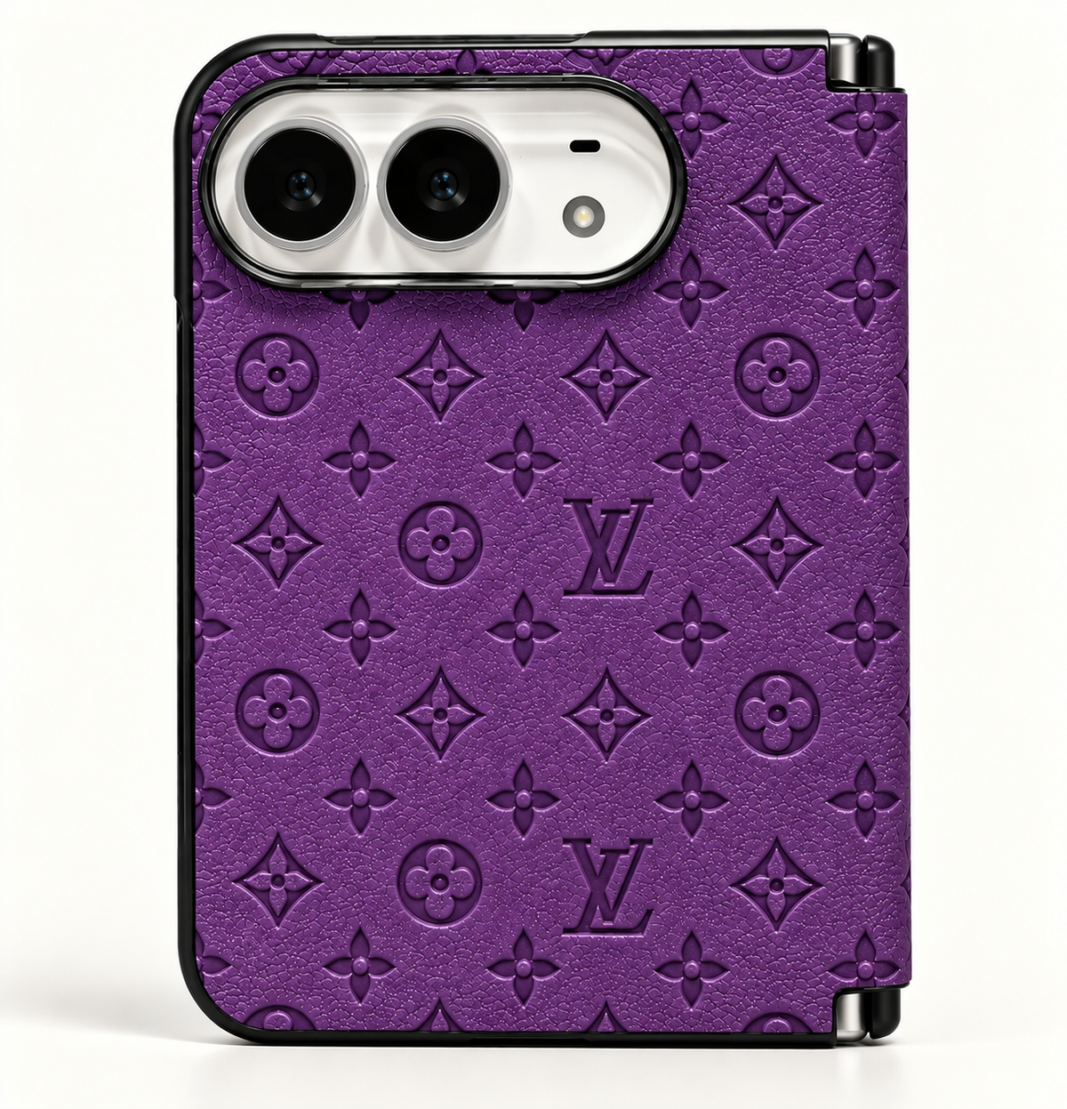 Louis Vuitton Purple Embossed iPhone Duo case, rear view showing the patterned exterior and camera opening.