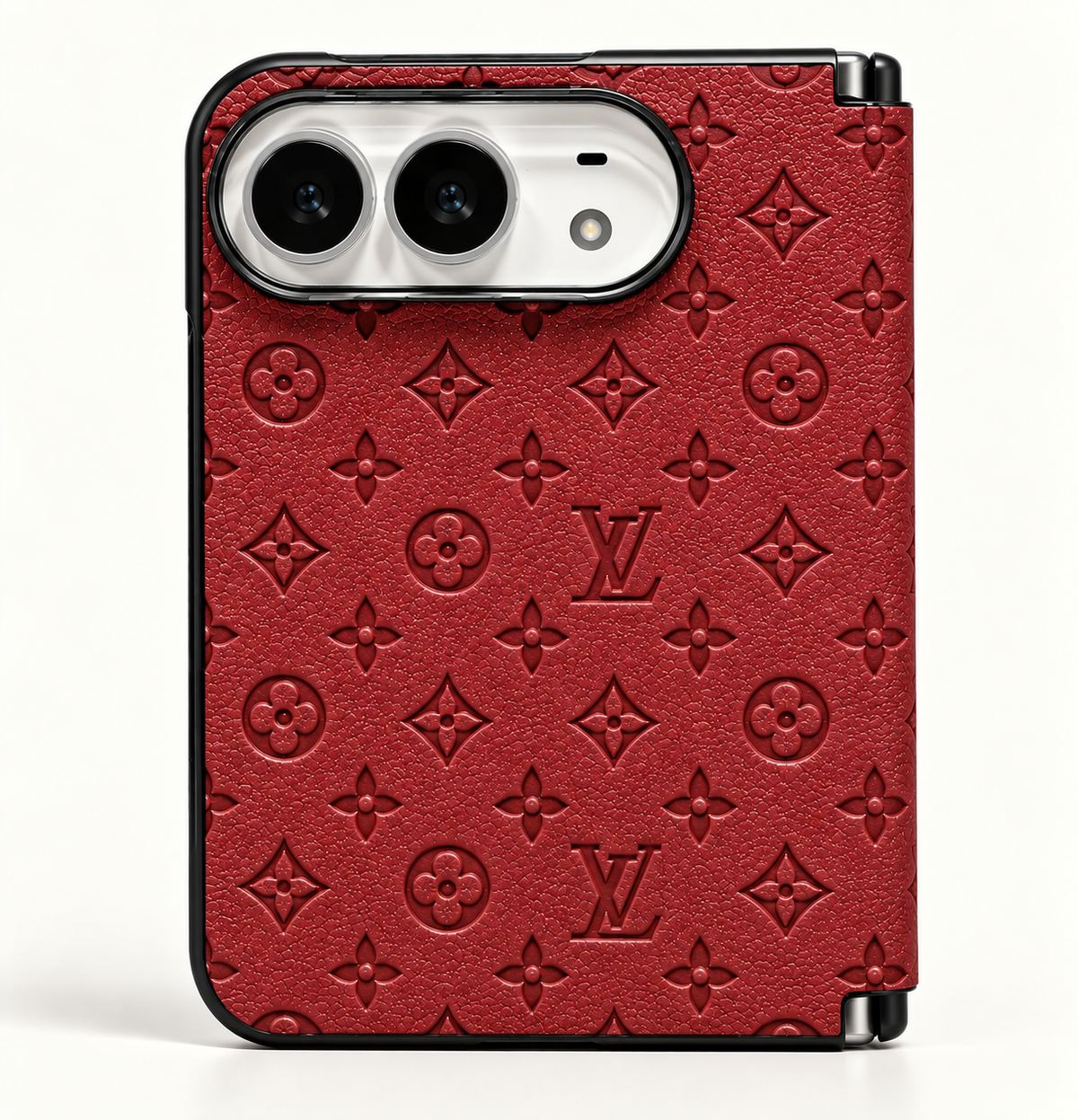 Louis Vuitton Red Embossed iPhone Duo case, rear view showing the patterned exterior and camera opening.