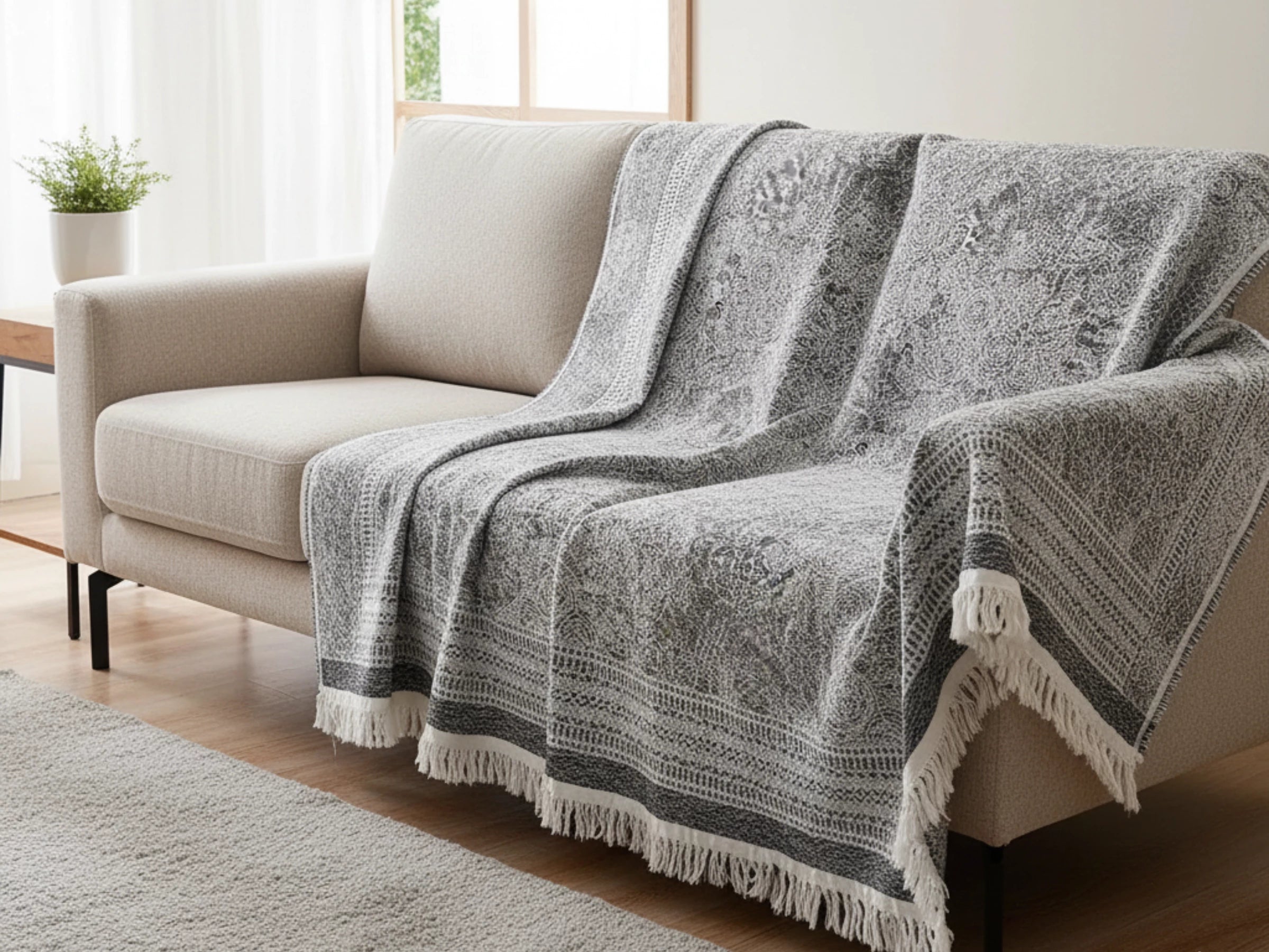 Frosted Lattice Jacquard Fringe Throw Blanket Dark Grey