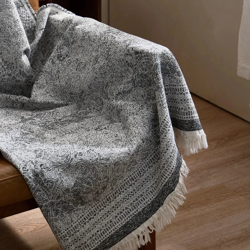 Frosted Lattice Jacquard Fringe Throw Blanket Dark Grey