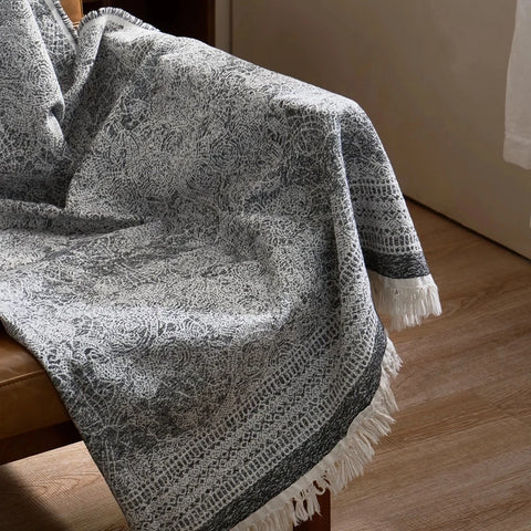 Frosted Lattice Jacquard Fringe Throw Blanket Dark Grey