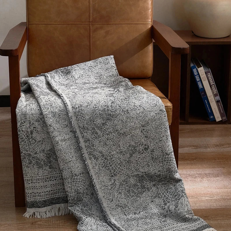 Frosted Lattice Jacquard Fringe Throw Blanket Dark Grey
