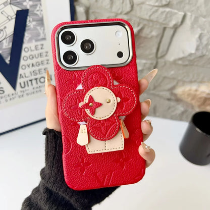 Louis Vuitton iPhone 18 Pro Case MagSafe Leather with Flower Grip – Gray