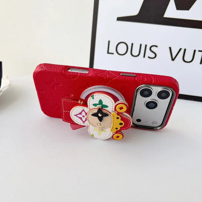 Louis Vuitton iPhone 18 Pro Case MagSafe Leather with Flower Grip – Red