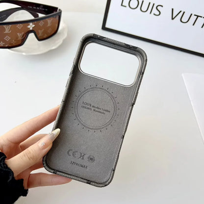 Louis Vuitton iPhone 18 Pro Max Case MagSafe Leather with Flower Grip – Gray