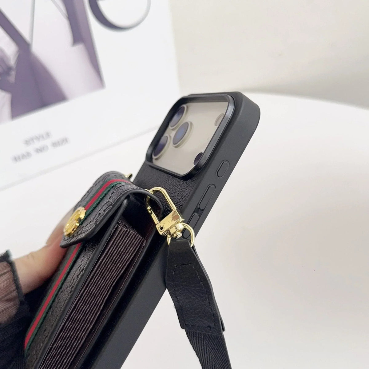 Gucci iPhone 18 Pro Max Case with Card Holder & Strap – GG Leather Wallet