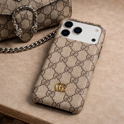 Gucci Ophidia iPhone 17 Pro Max Case in beige GG canvas monogram pattern – front view | NUVALOVA