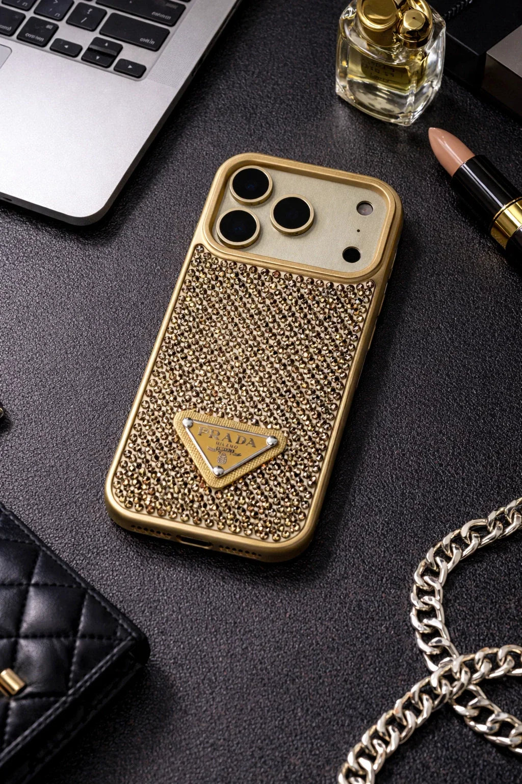 Crystal Gold iPhone 18 Pro Max Case – Quilted Luxury Rhinestone Designer-Style Cover