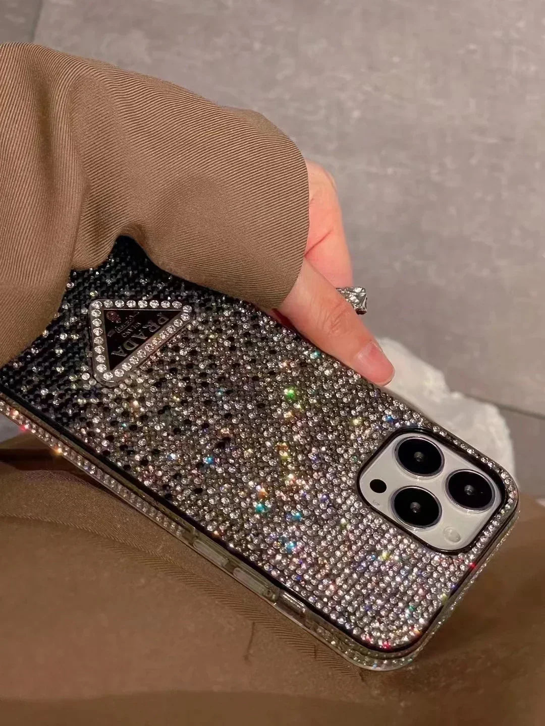 Crystal Prada iPhone 18 Pro Max Case – Luxury Rhinestone Prada Phone Case Blue