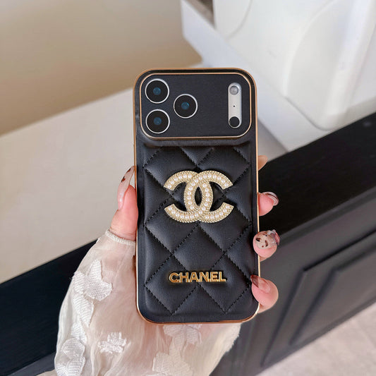 Leather Chanel iPhone 18 Pro Max Case Diamond Logo with Gold Label