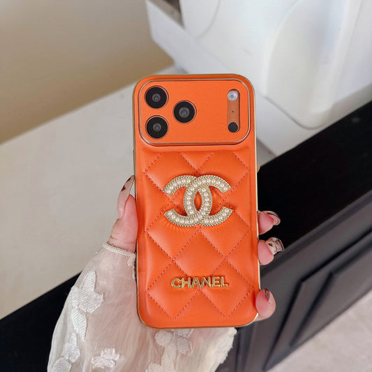 Leather Chanel iPhone 18 Pro Case Diamond Logo with Gold Label