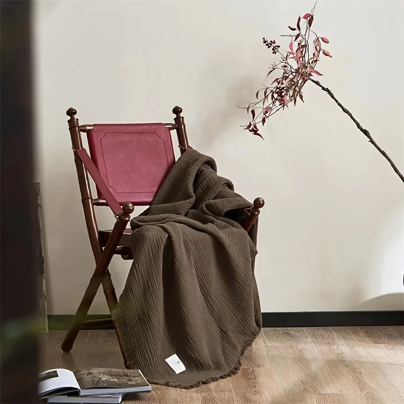 Dark Green Premium Waffle Textured Fringe Throw Blanket – Soft Cotton Gauze Boho Blanket for Sofa & Bed
