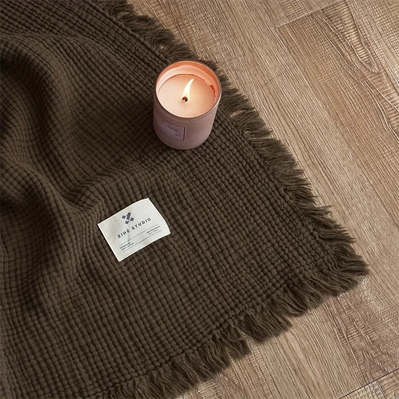Dark Green Premium Waffle Textured Fringe Throw Blanket – Soft Cotton Gauze Boho Blanket for Sofa & Bed