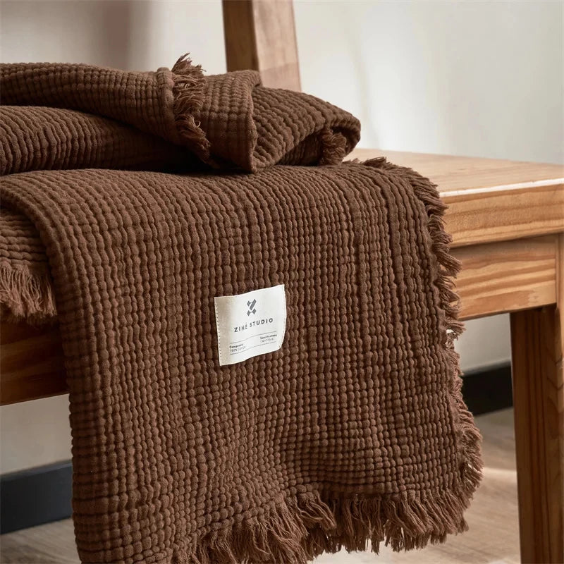 Brown Premium Waffle Textured Fringe Throw Blanket – Soft Cotton Gauze Boho Blanket for Sofa & Bed