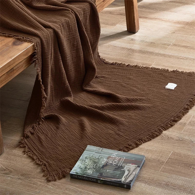 Brown Premium Waffle Textured Fringe Throw Blanket – Soft Cotton Gauze Boho Blanket for Sofa & Bed