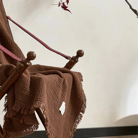 Brown Premium Waffle Textured Fringe Throw Blanket – Soft Cotton Gauze Boho Blanket for Sofa & Bed