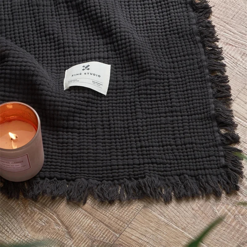 Dull Grey Premium Waffle Textured Fringe Throw Blanket – Soft Cotton Gauze Boho Blanket for Sofa & Bed